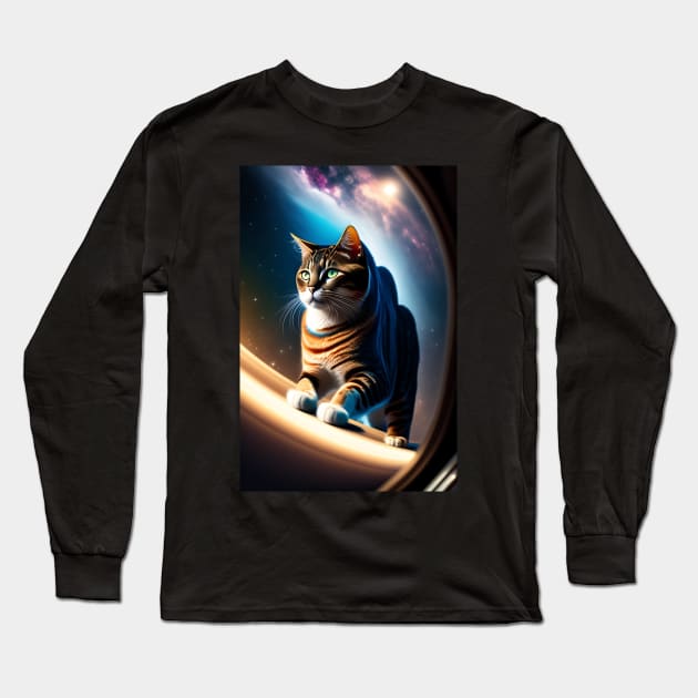 Funny cute cat in space graphic design artwork Long Sleeve T-Shirt by Nasromaystro